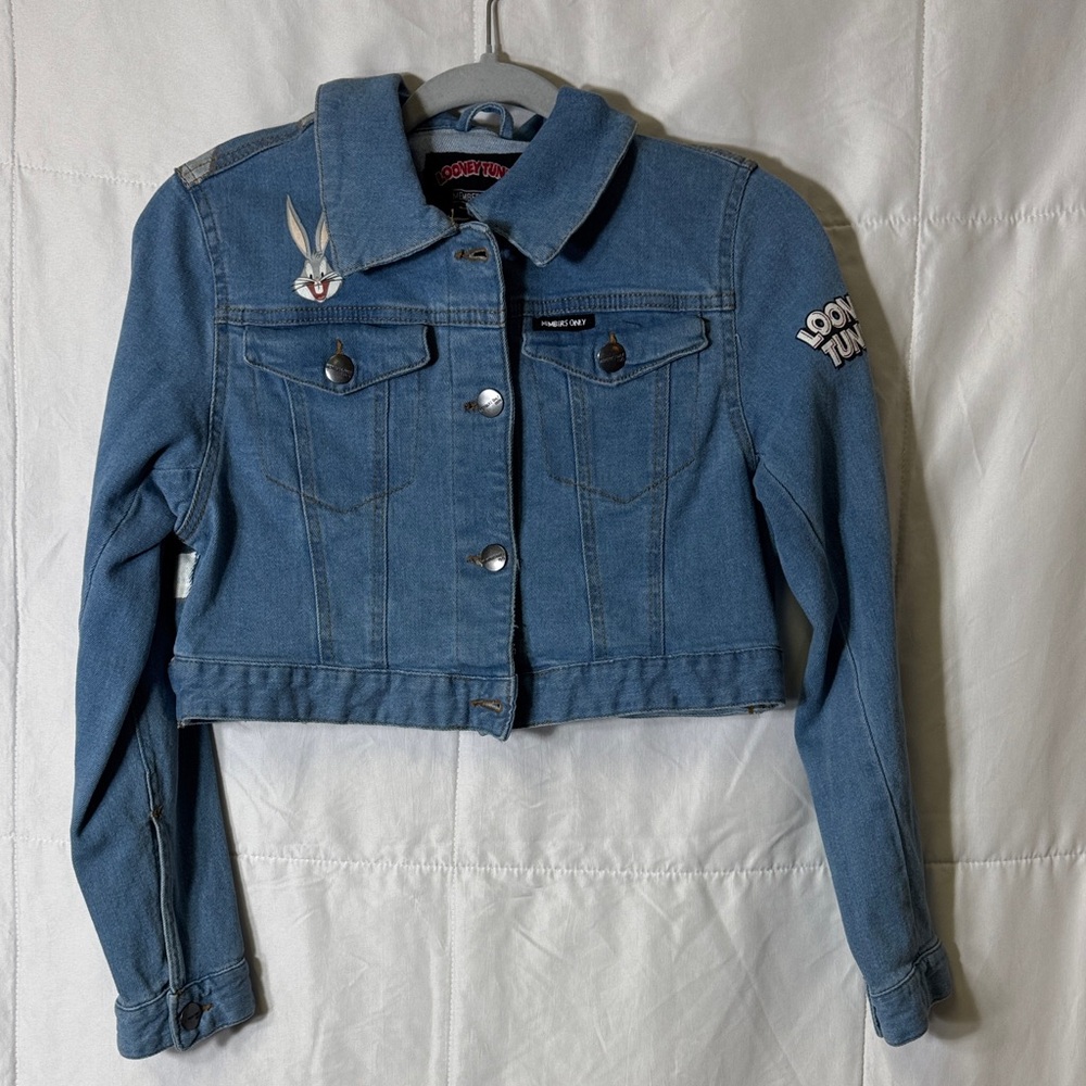 Looney Tunes Bugs Bunny‎ Cropped Denim Jacket Members Only Size S Y2K